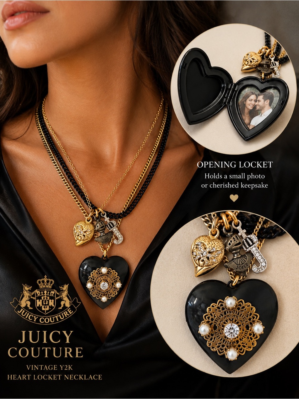 Juicy Couture Black and Gold Heart Locket Pendant Necklace